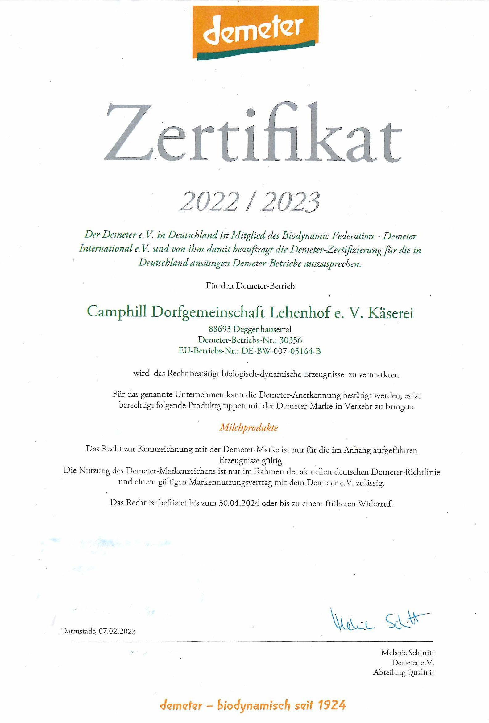 Demeter Zertifikat Lehenhof Käserei